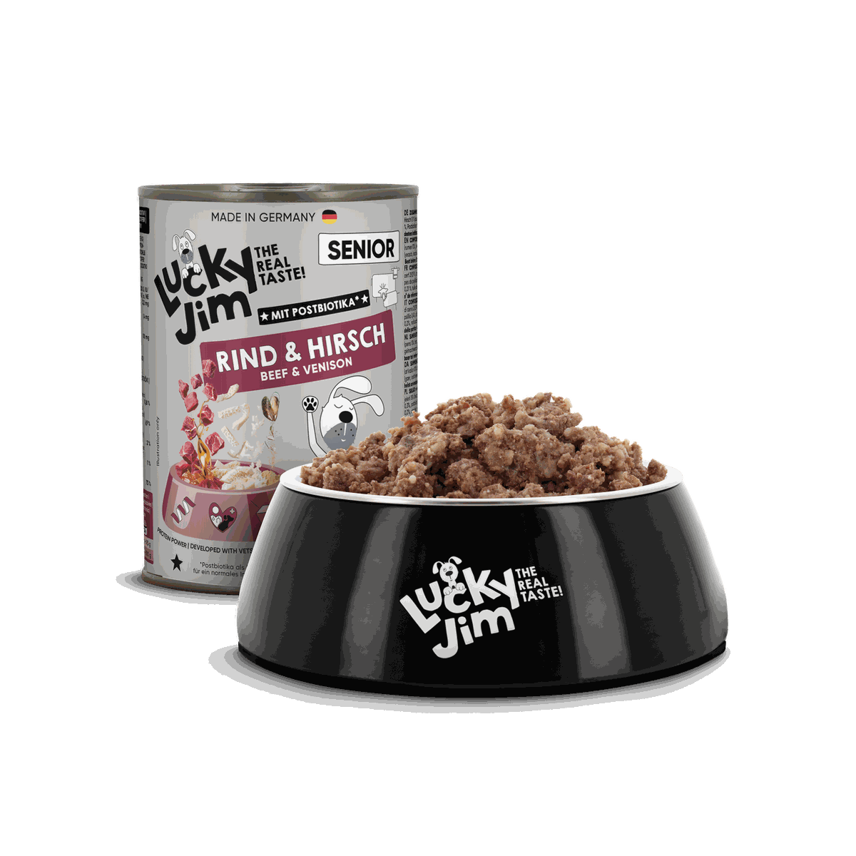 Lucky Jim® Senior Rind und Hirsch Dose neben gefülltem Hundenapf