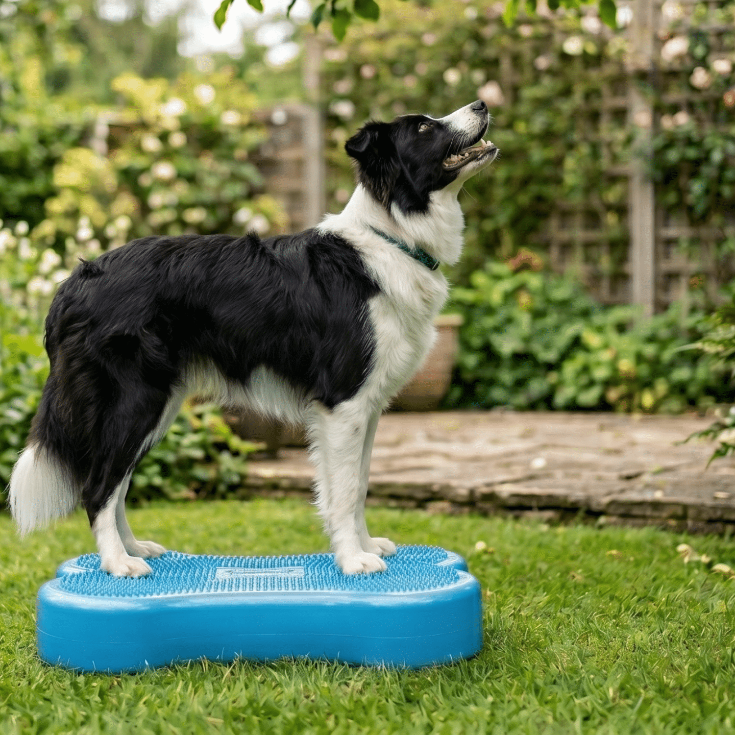 Border Collie trainiert auf dem Wolf Pack Blue Balance Bone im Garten