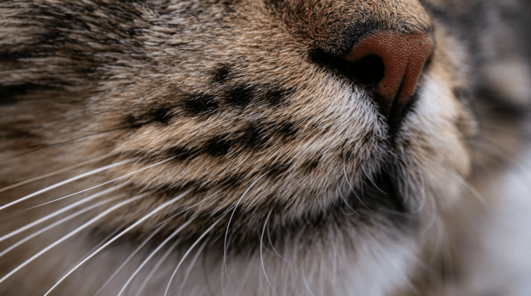 Nahaufnahme von Schnurrhaaren und Nase einer getigerten Katze